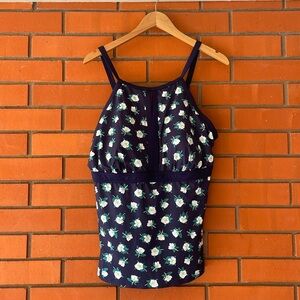 NWOT LAND'S END DRAPER JAMES Navy Floral Keyhole Tankini Top Swimwear  Size 18D